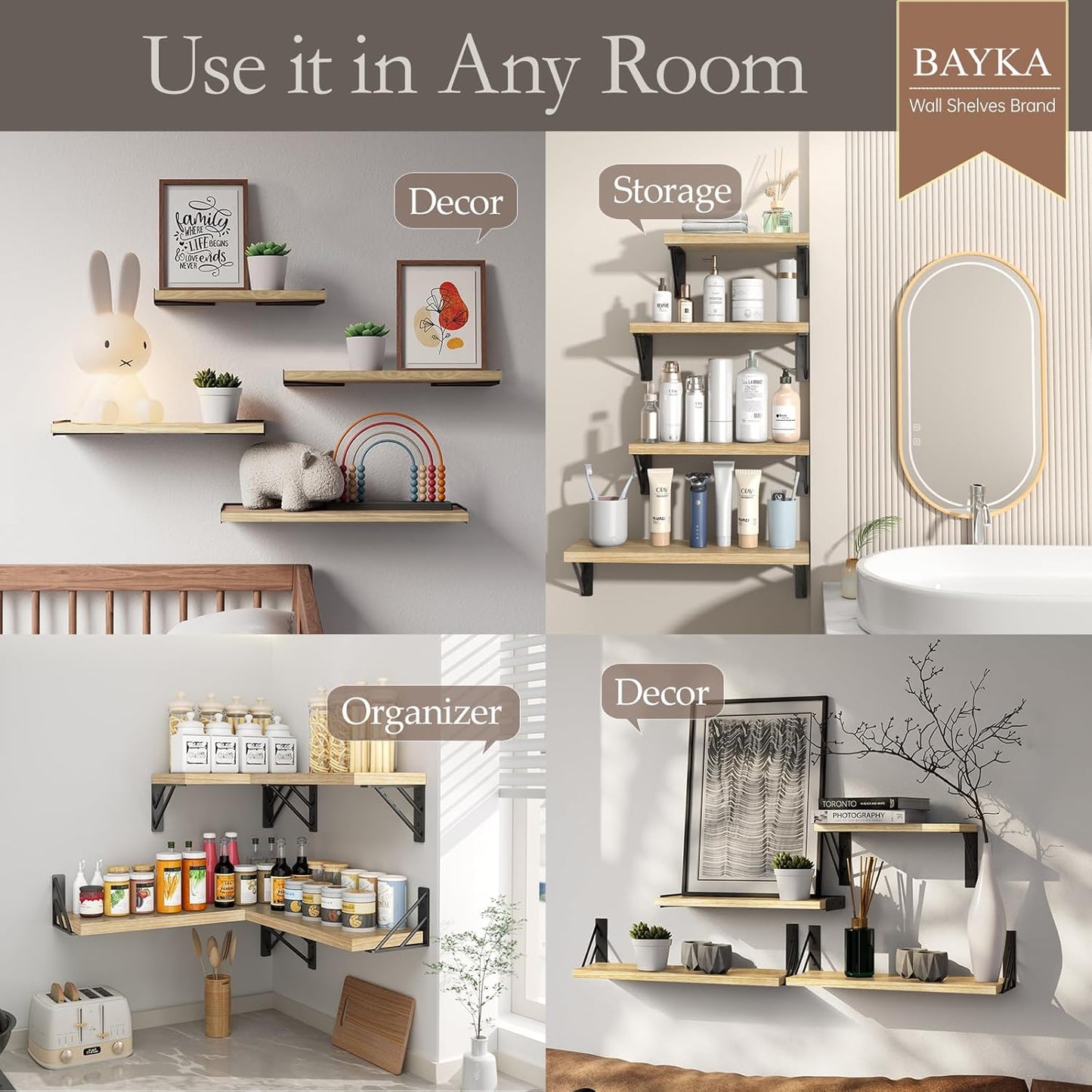 BAYKA Wall Mounted Floating Bathroom Shelves, Wood Wall Shelf for Bathroom Essentials & Decor, Space-Saving Display & Organizer (Black, Set of 4)