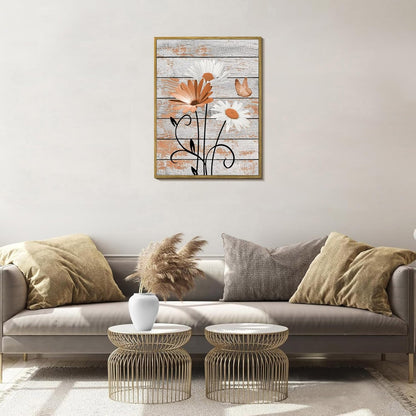 HVEST Farmhouse Floral Wall Art for Living Room, Blue and White Daisy Flower and Butterfly on Rustic Wood Board Canvas Wall Art Framed Artwork Ready to Hang for Bathroom Bedroom Decor, 16L X 12W