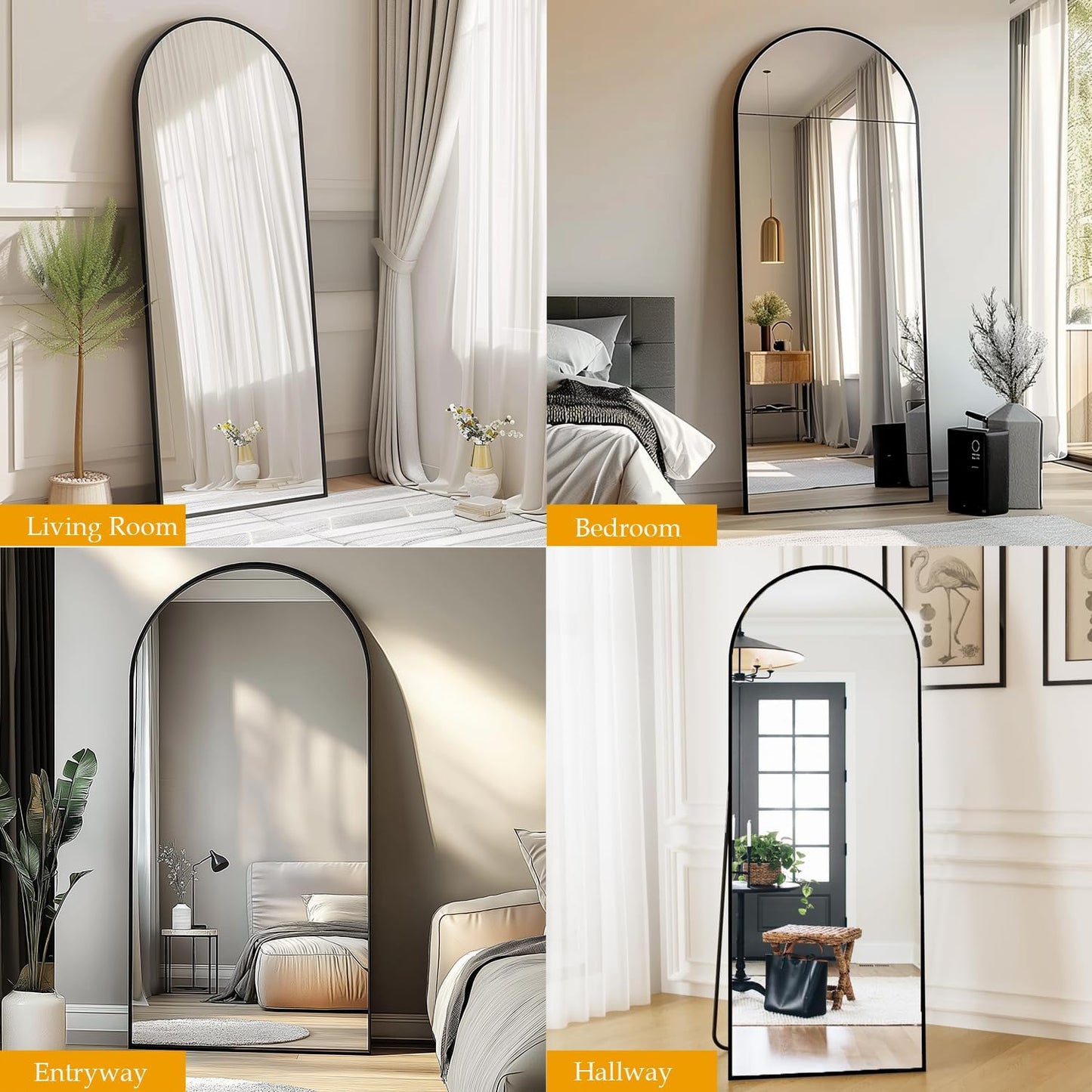 Dewfig Arched Full Length Mirror, 76"x34" Large Floor Mirror, Full Body Mirrors for Leaning or Hanging, Standing Mirrors for Bedroom, Living Room,Dressing Room, Aluminum Alloy Frame, Black