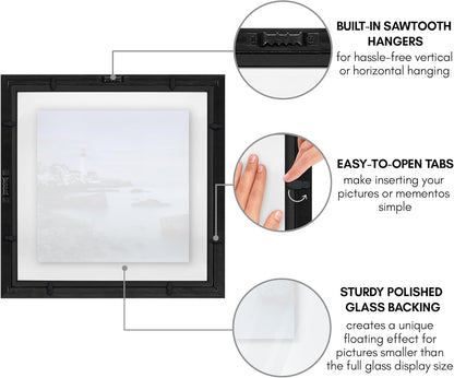 Americanflat 8x10 Floating Picture Frame with Polished Crystal-Clear Glass - Use as 5x7 Picture Frame or Display 4x6 Photo - Signature Float Collection - Photo Frames for Tabletop or Wall - Black