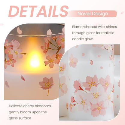 Pack of 3 Flameless Daily Timer Flickering Real Wax Pillar Candles, 3" x 4" 5" 6" LED Battery Operated Purple Flowers Glass Warm Light with Remote Control