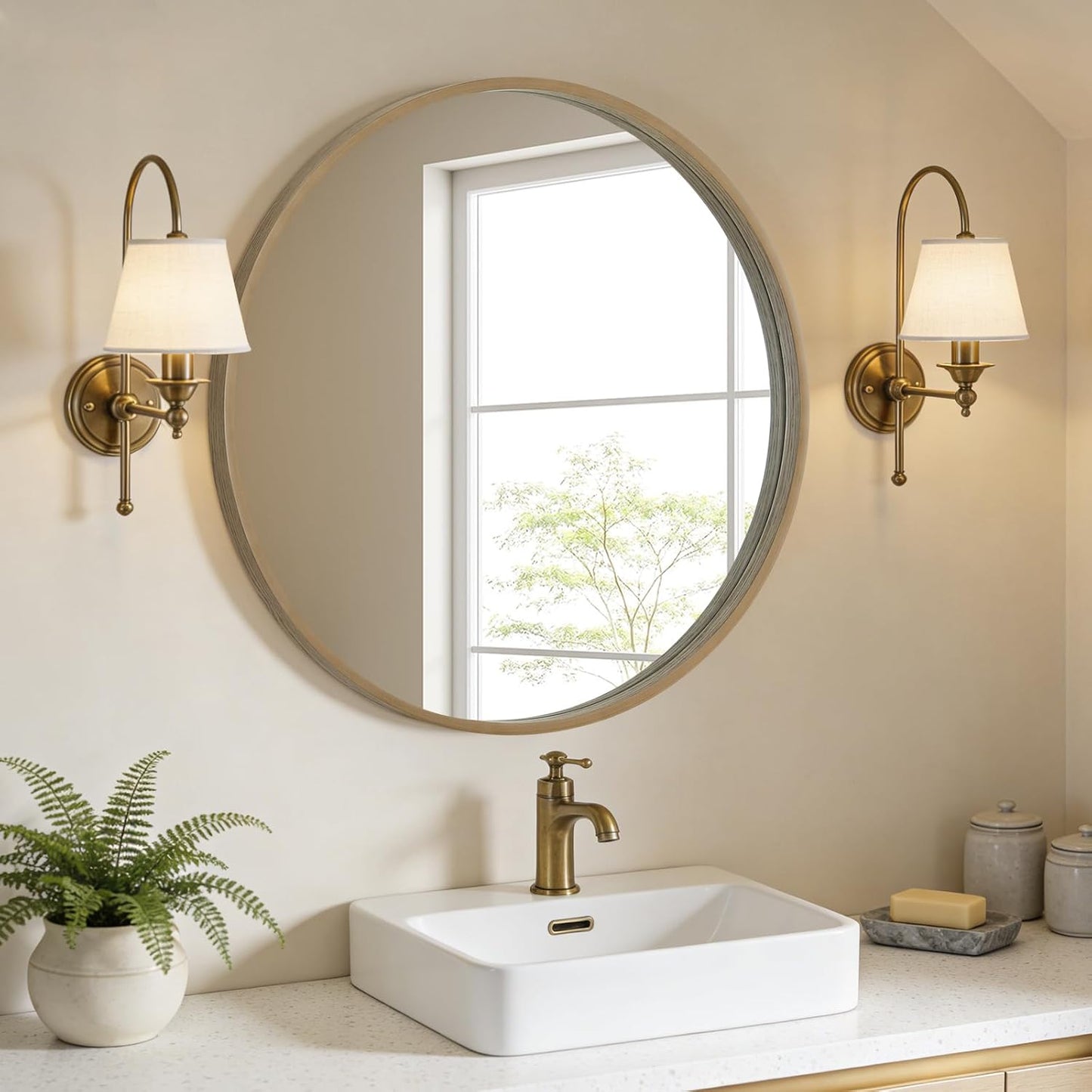 WallBeyond Wood Round Mirror with Wood Frame 24 inch Circle Wall Mirror for Bathroom Round Wall Mirror for Wall Decor, Vanity, Entryway Living Room (Walnut)