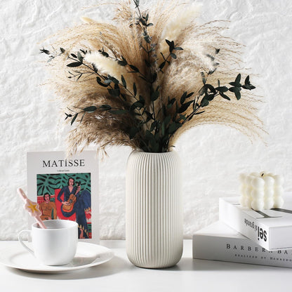 Bohemian White Ceramic Vase - for Pampas Grass, Mantel, Bookshelf, Entryway and Living Room Decor (White, 7in)