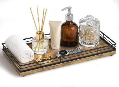 Bathroom Vanity Tray for Countertop, 12" x 6" Acacia Wood Toilet Tank Tray with Metal Guardrail, Bathroom Organizer for Soap, Perfume & Skincare, Non-Slip Decorative Tray for Dresser, Black & Acacia
