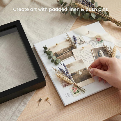 8x8 Shadow Box Frame | Soft Linen Back & Push Pins Included, Polystyrene Glass Memory Display Case for Flowers, Tickets & Cherished 3D Items, White