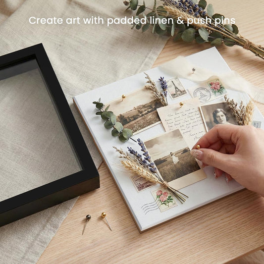 8x8 Shadow Box Frame | Soft Linen Back & Push Pins Included, Polystyrene Glass Memory Display Case for Flowers, Tickets & Cherished 3D Items, White