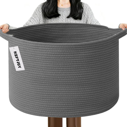 Large Woven Blanket Basket,65L Cotton Rope Laundry Basket Hamper with Handles, Decorative Nursery Basket Storage Bin for Toys, Clothes Organizer, Living Room, Bedroom, Bathroom, White & Brown