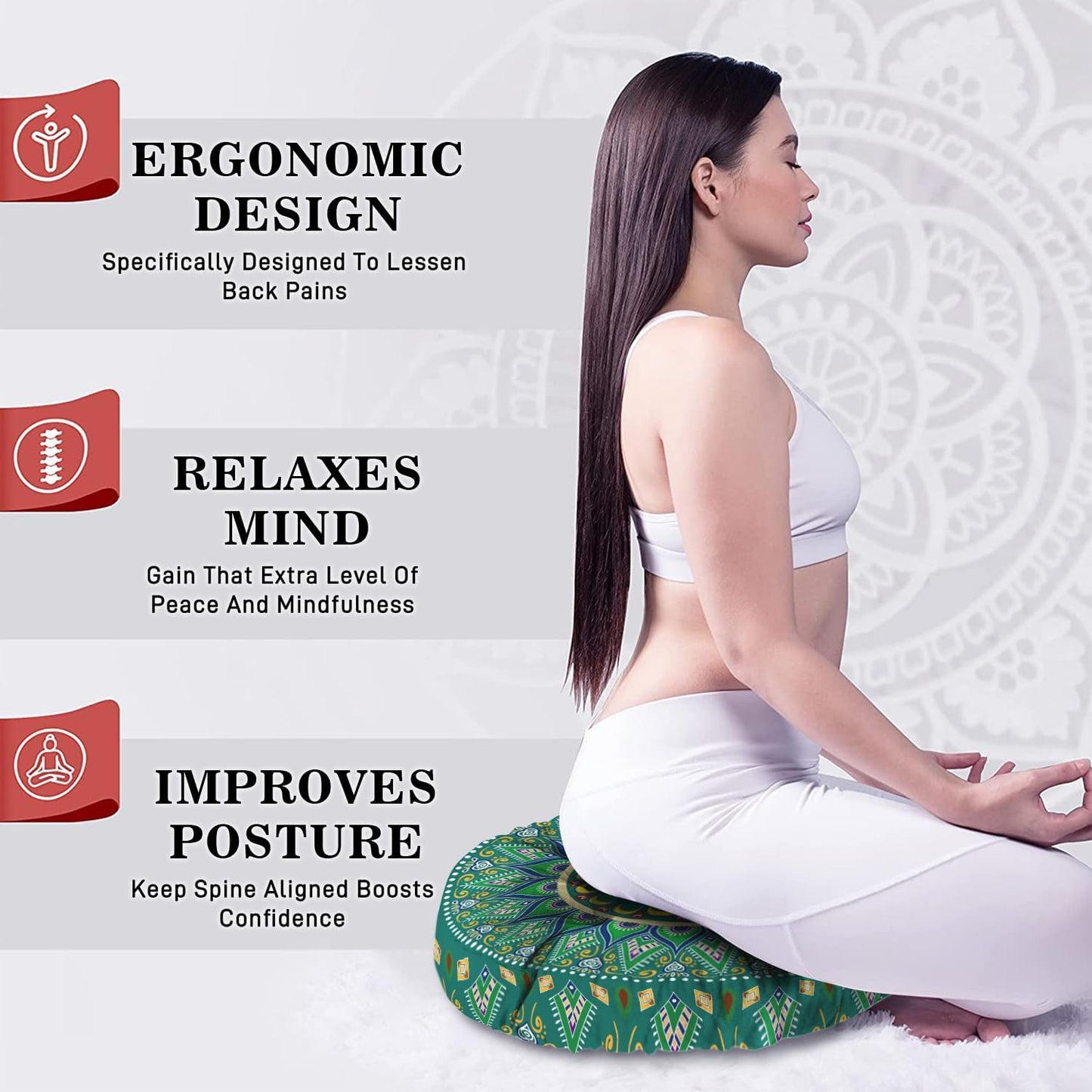 Mandala Meditation Cushion, Boho Meditation Mat, Meditation Pillows for Sitting on Floor, Cushions for Sitting in Home and Outdoor, Square Floor Pillow Cushion Seating for Yoga Accessories 22'' X 22''