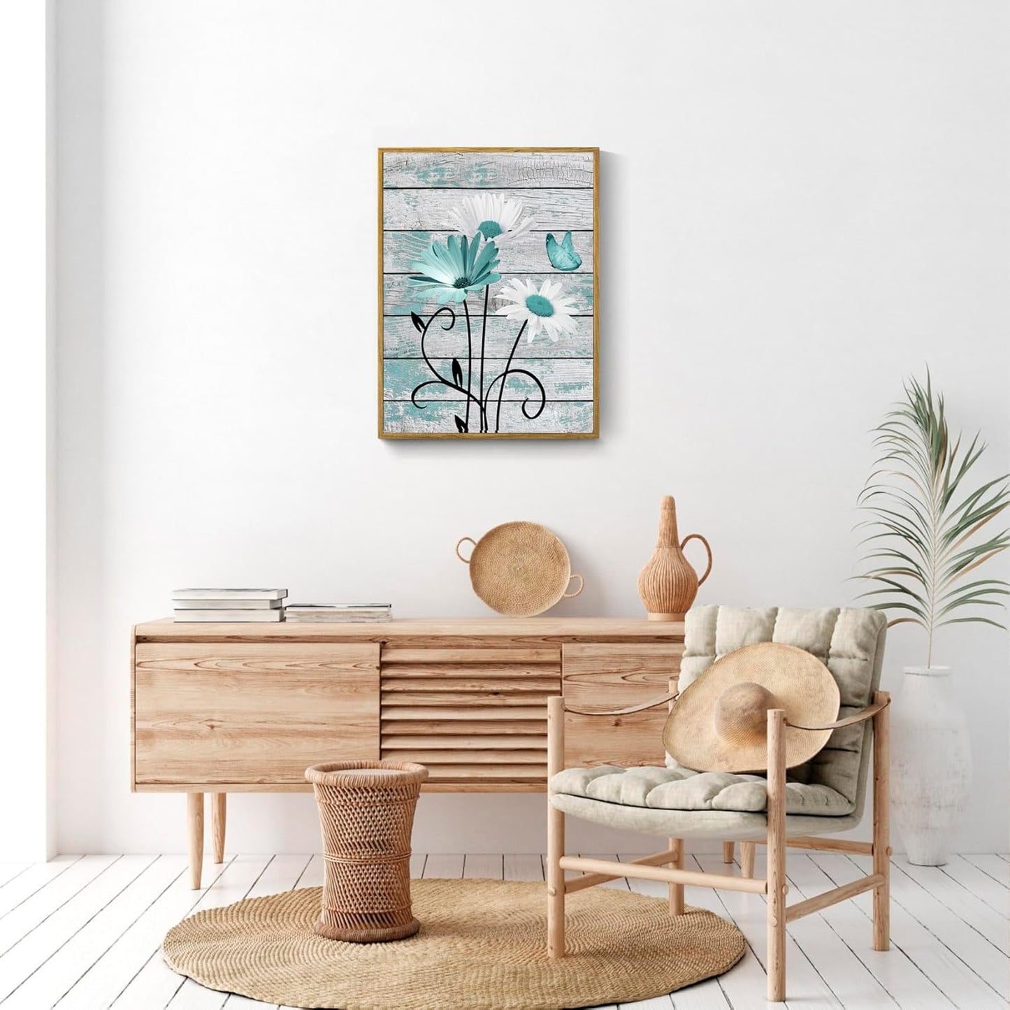 HVEST Farmhouse Floral Wall Art for Living Room, Blue and White Daisy Flower and Butterfly on Rustic Wood Board Canvas Wall Art Framed Artwork Ready to Hang for Bathroom Bedroom Decor, 16L X 12W
