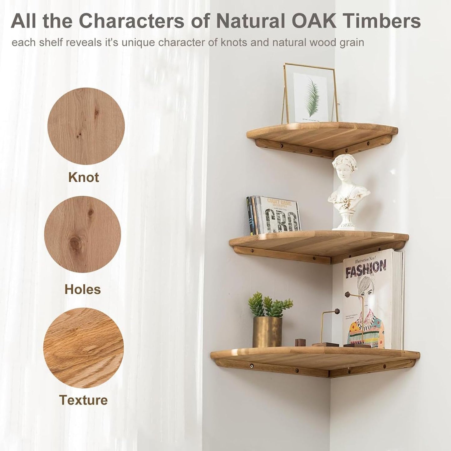 Corner Shelves, Floating Corner Shelf, Set of 2 7inch Solid Oak Wood Wall Shelves, Round End Wall Mount with Wire Hole Shelving for Small Plant for Bedroom Kitchen, Living Room