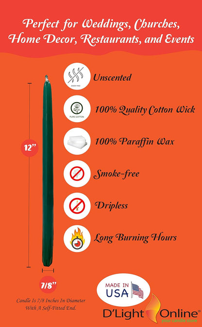 D'light Online White Taper Candles, 10 Inch Premium Quality Candles Hand-Dipped Tapered Candles, Dripless, Smokeless and Unwrapped Bulk Pack for Events - Set of 12 (10 Inch, White)