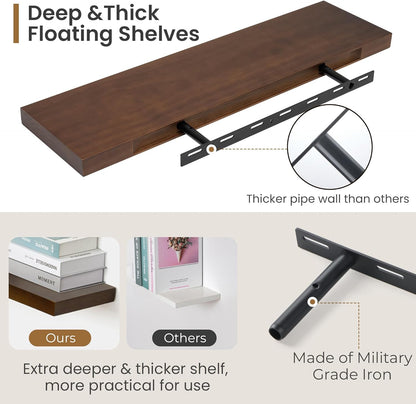 Floating Shelves 36 Inches Long - 8 Inch Deep Rustic Premium Solid Pine Wood for Storage - Farmhouse Wall Mounted for Living Room - Heavy-Duty Metal Bracket - 36" W x 8" D - Set of 2 - White Color