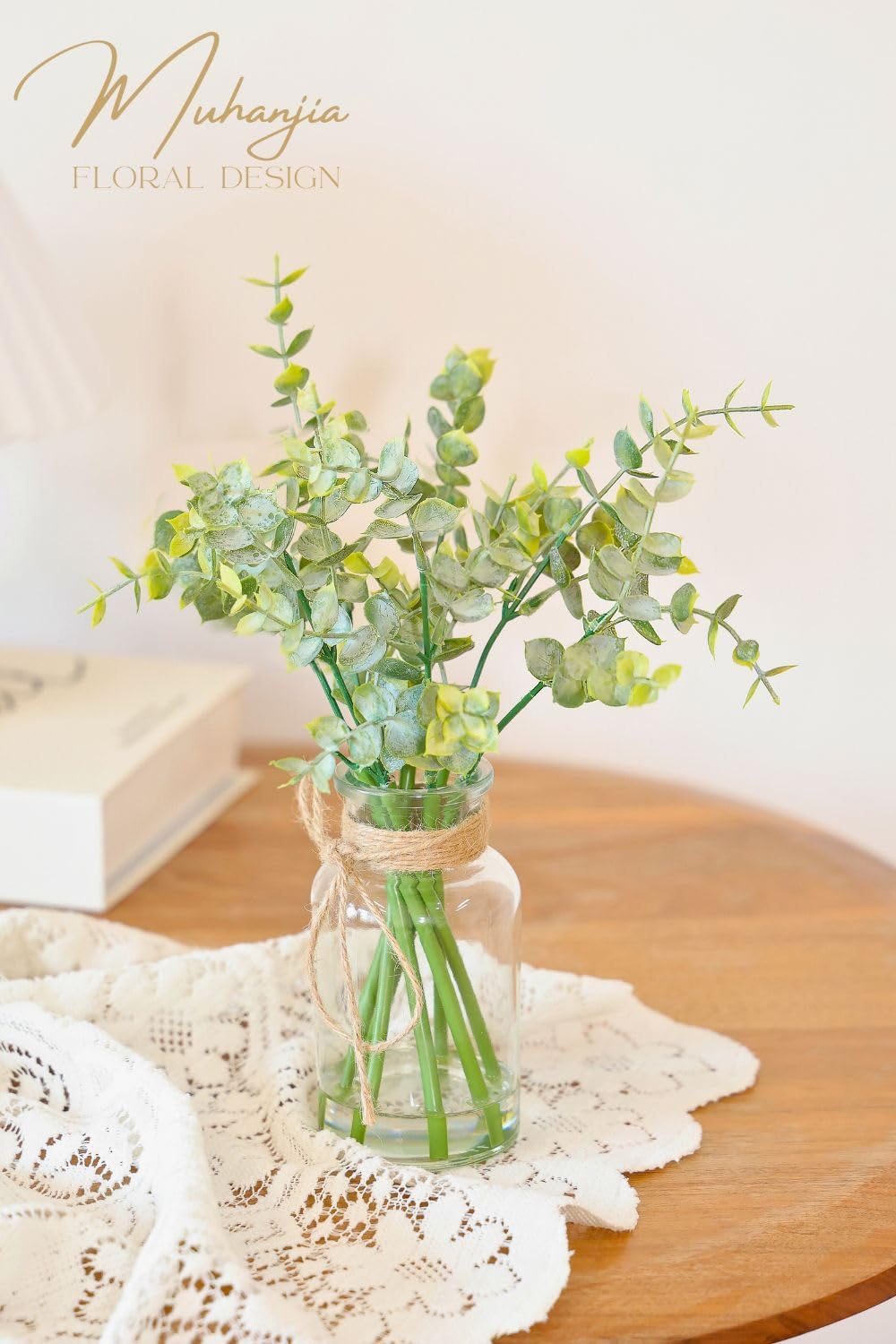 Muhanjia Artificial Eucalyptus Stems in Glass Vase with Faux Water,3Pcs Fake Plant with Double-Sided Green Leaves for Centerpiece(Double-Sided Green Eucalyptus)