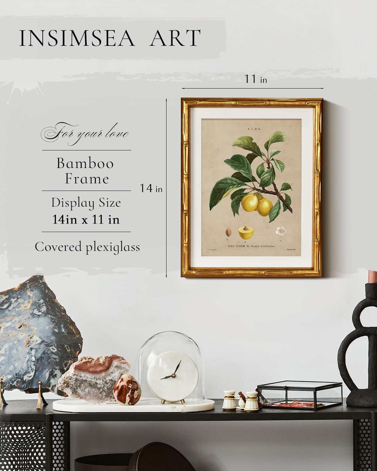 InSimSea Gold Bamboo Framed Canvas Wall Art, Retro Blue Hydrangea Botanical Prints, Antique Flowers Picture Frame with Mat, Victorian Home Wall Decor for Kitchen Living Room Bedroom, 11x14inch
