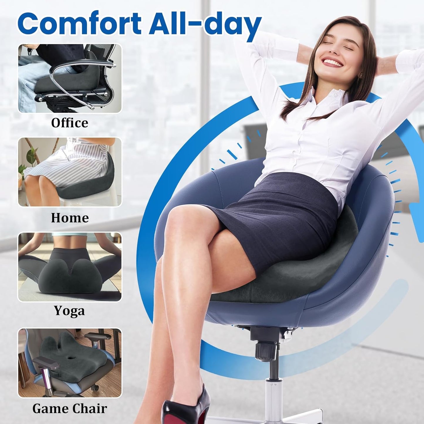 CushZone Seat Cushion, Ergonomic Memory Foam Seat Cushions for Office Chairs, Car, Long Trip, Desk Chair, Lab, Extra Large Size for Sciatica & Hip & Tailbone Pain Relief, Sciatica Support (Black)