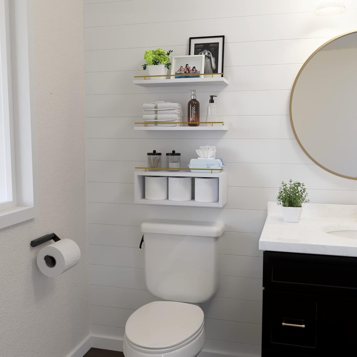 WOPITUES Floating Shelves for Wall with Cube Shelf, Wall Shelves with Metal Rail for Bathroom Decor, Bathroom Organizers and Storage, Over Toilet Shelves for Toilet Paper-Black