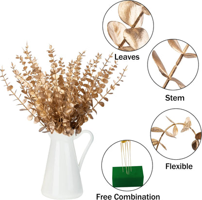 FEQO 36 Pcs Artificial Eucalyptus Stems Dark Brown Leaves Faux Eucalyptus Stems Branches 15 inch for Wedding Bouquet Home Deco