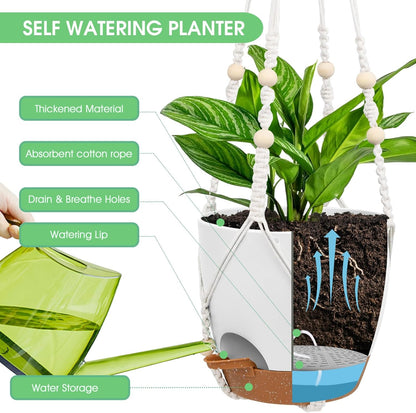 Vanslogreen Hanging Planters for Indoor Outdoor Plants, 2 Pack Self Watering Hanging Pot with Drainage Holes & Removable Tray (Black, 8'')