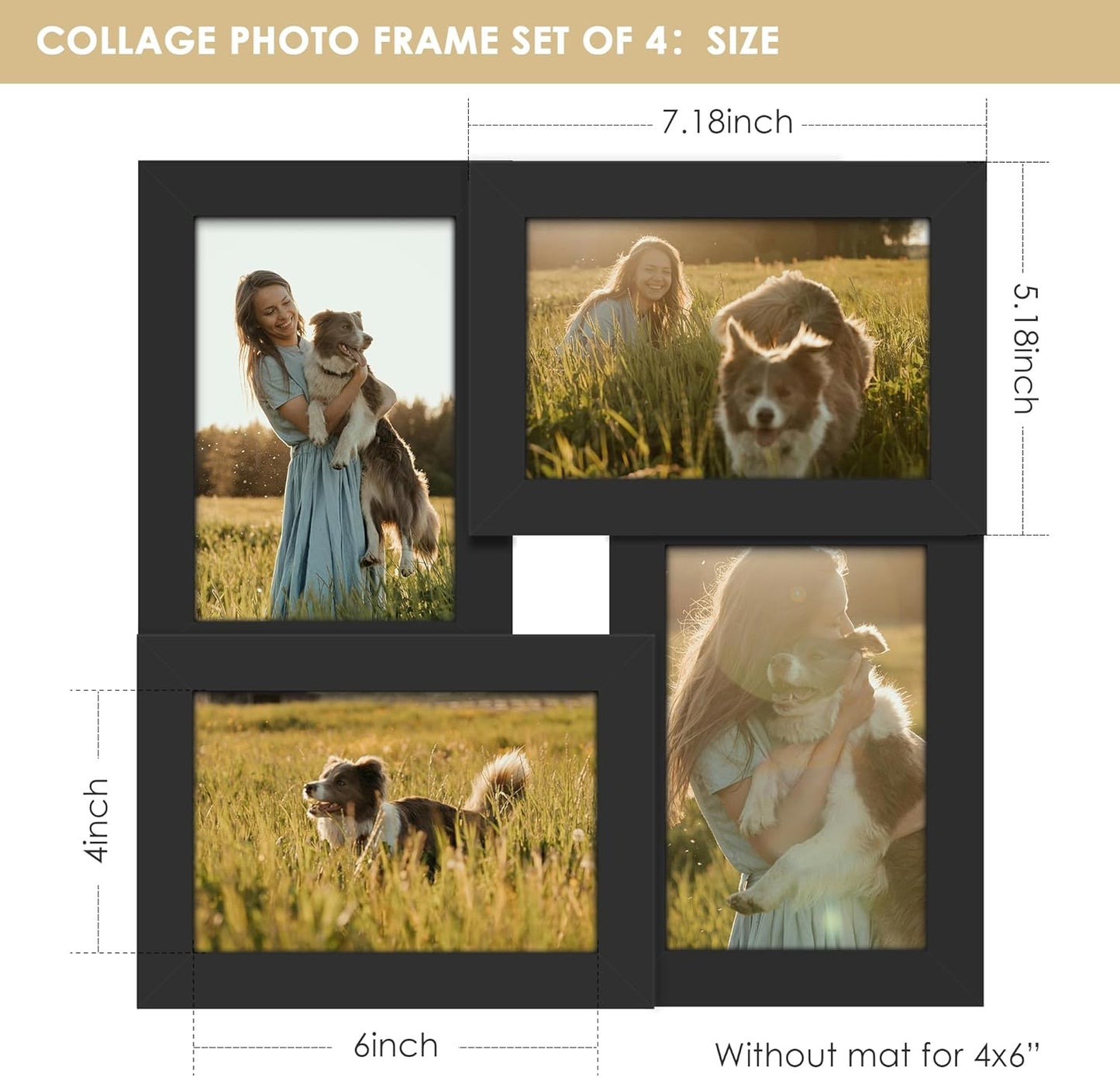 DUENPY 4x6 Collage Picture Frame Tempered Glass Front, Displays Four 4x6 Photo, Family Photo Collage Frame, Wall Decor Wall Hanging or Tabletop, Brown