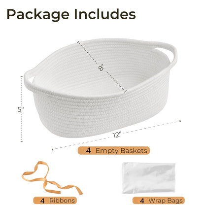 Small Woven Gift Basket Empty with Bag & Ribbon - Gifts for Mom, Baby Shower, Birthdays & Raffle - Cotton Rope Storage Basket for Dog Toys or Shelf - 12"x8"x5", White