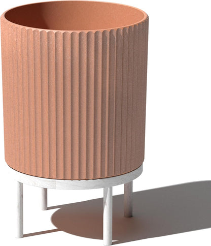 Veradek Demi Series Round Planter w/ Stand for Porch/Patio | Durable Plastic-Concrete & Wooden Stand | Modern Décor for Tall Plants, Flowers