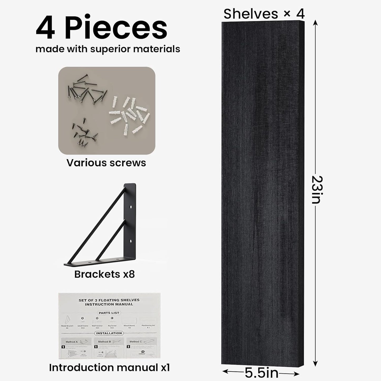BAYKA Wall Mounted Floating Bathroom Shelves, Wood Wall Shelf for Bathroom Essentials & Decor, Space-Saving Display & Organizer (Black, Set of 4)