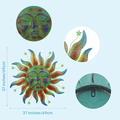 Large Metal Sun Wall Decor Outdoor, 27 Inch Sun and Moon Decor Metal Wall Art, 3D Sun Wall Decor for Patio Garden Yard Fence Bedroom Living Room Decoration