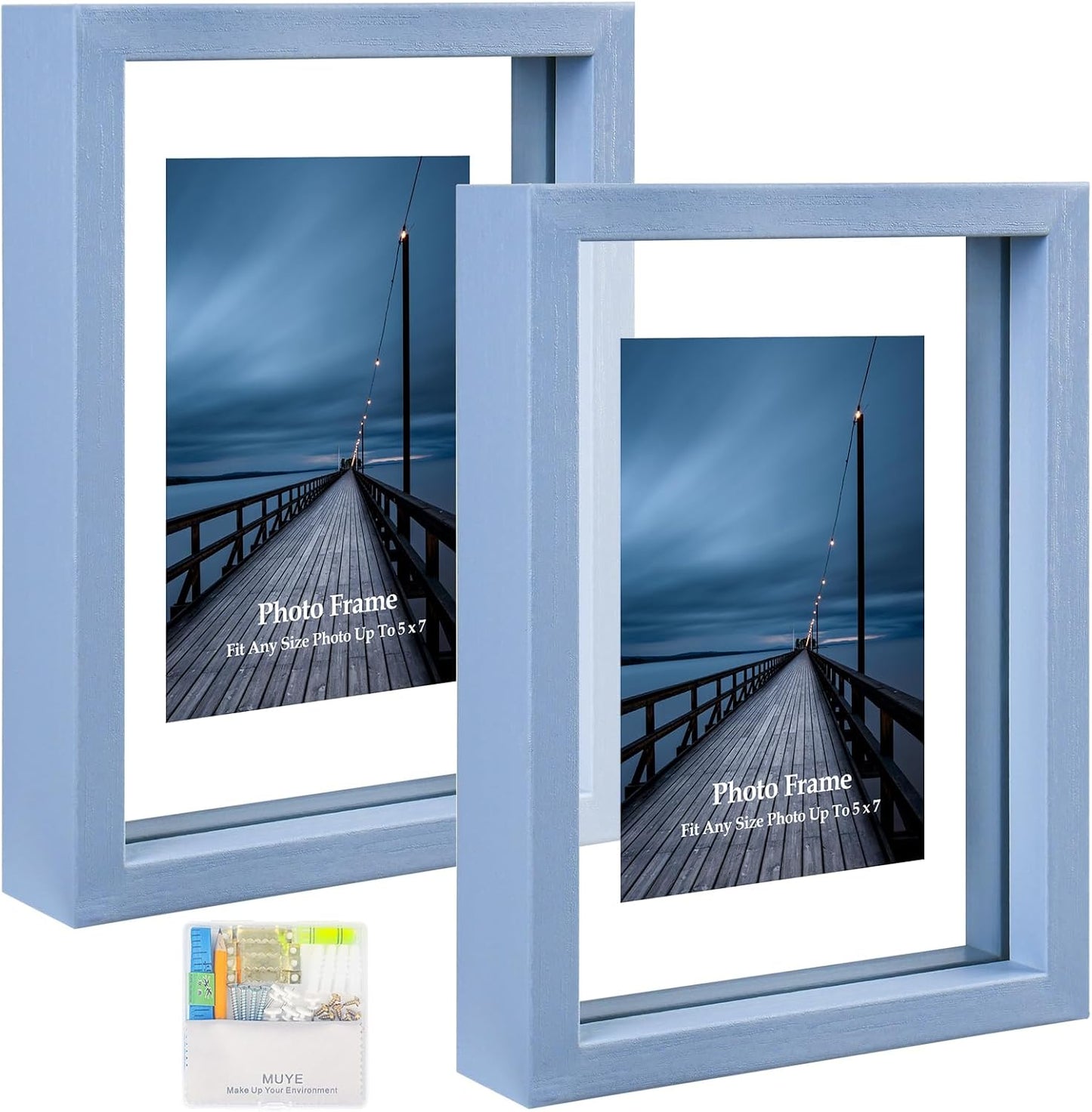MUYE 11x14 Floating Frame Set of 2,Double Glass Rustic Frame,Display Any Size Photo up to 11x14,Wall Mount or Tabletop Standing,Natural