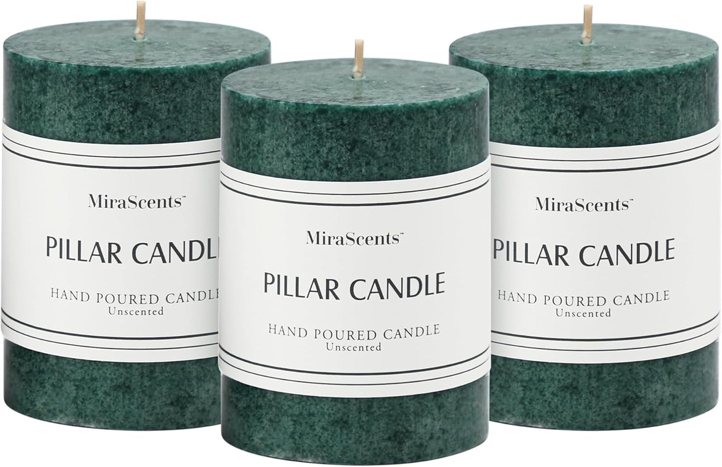 3x4 inch Green Pillar Candles Set of 3, Unscented Pillar Candle, Dripless and Smokeless Large Candles, Candle for Home Decor, Dinner Table,Weddings, Holidays