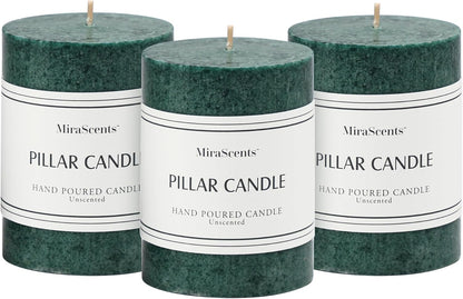 3x4 inch Green Pillar Candles Set of 3, Unscented Pillar Candle, Dripless and Smokeless Large Candles, Candle for Home Decor, Dinner Table,Weddings, Holidays