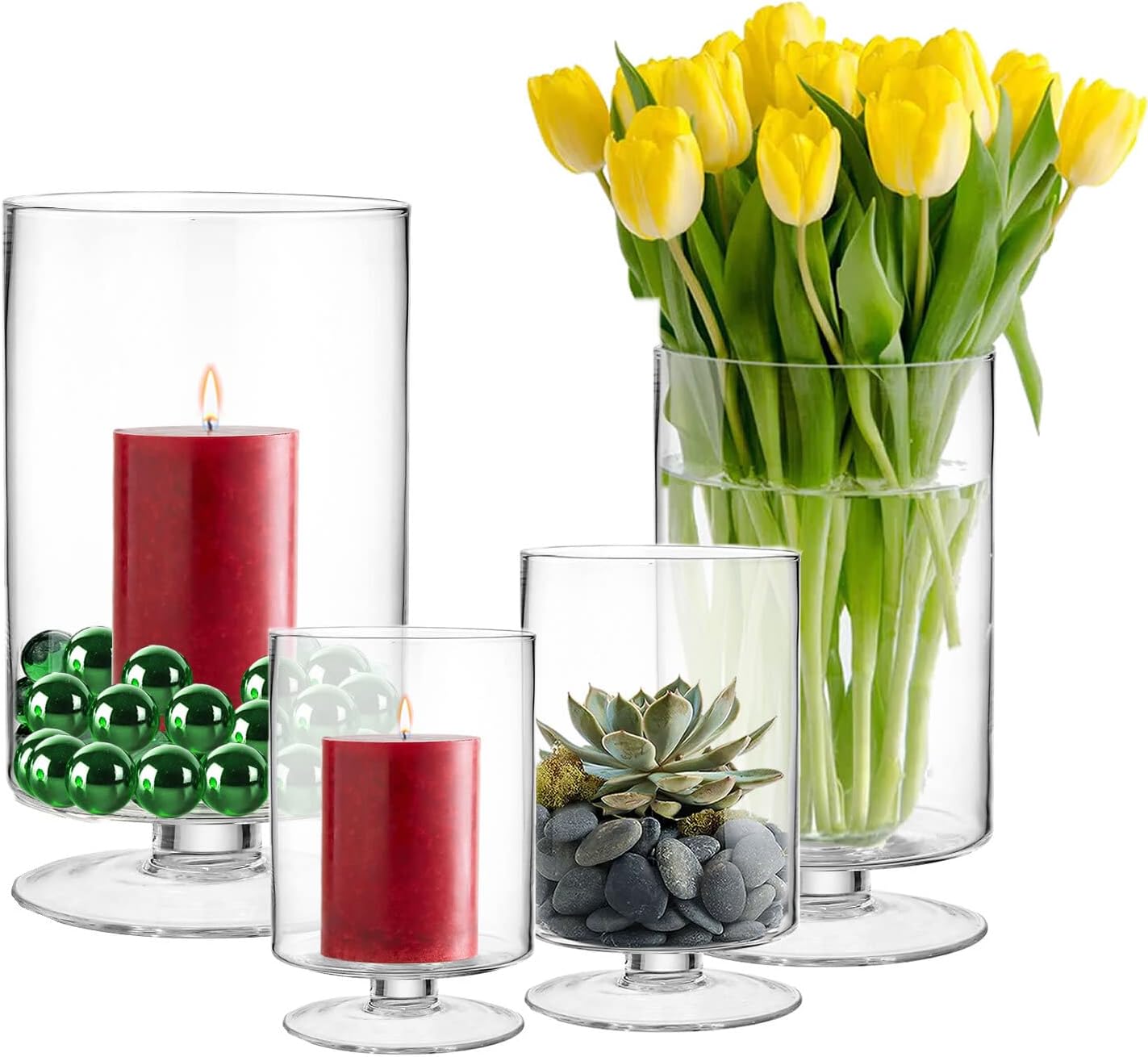 CYS EXCEL Glass Hurricane Pillar Candle Holder (H:6" W:3.75") | Multiple Size Choices Short Stem Candle Centerpieces | Stemmed Glass Cylinder Candle Vase