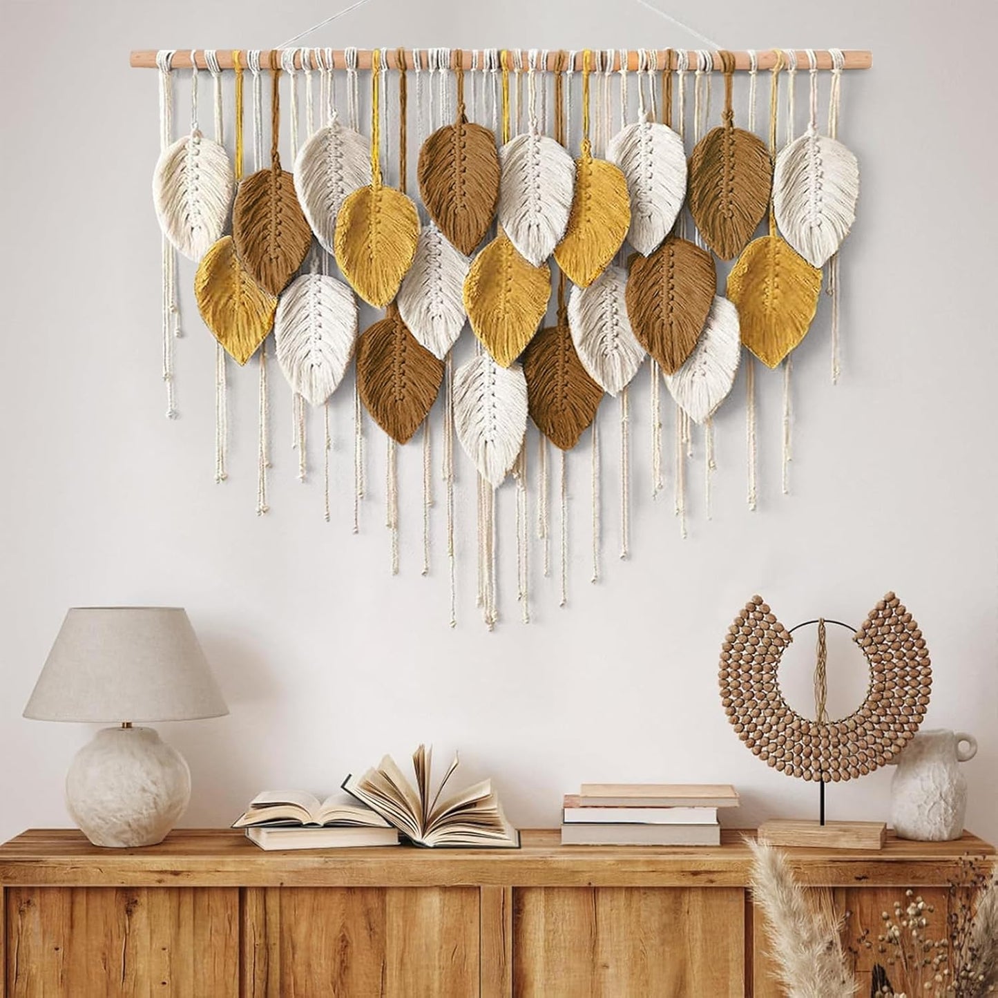 Weldomcor Large Macrame Wall Hanging Boho Home Decor, Handmade Bohemian Woven Leaves Macrame Tapestry Modern Aesthetic Chic Wall Art Decorations for Bedroom Living Room Nursery Office 39" W x 29.5" L