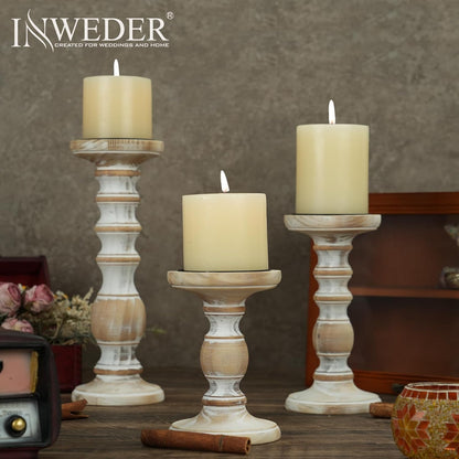 Wood Pillar Candle Holder: 3Pcs Rustic White Candle Holders for Pillar Candles Wood Candle Holders Distressed Wooden Farmhouse Candle Holder Large Rustic Candle Holder for Fireplace Table