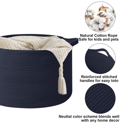 Large Woven Blanket Basket,65L Cotton Rope Laundry Basket Hamper with Handles, Decorative Nursery Basket Storage Bin for Toys, Clothes Organizer, Living Room, Bedroom, Bathroom, White & Brown