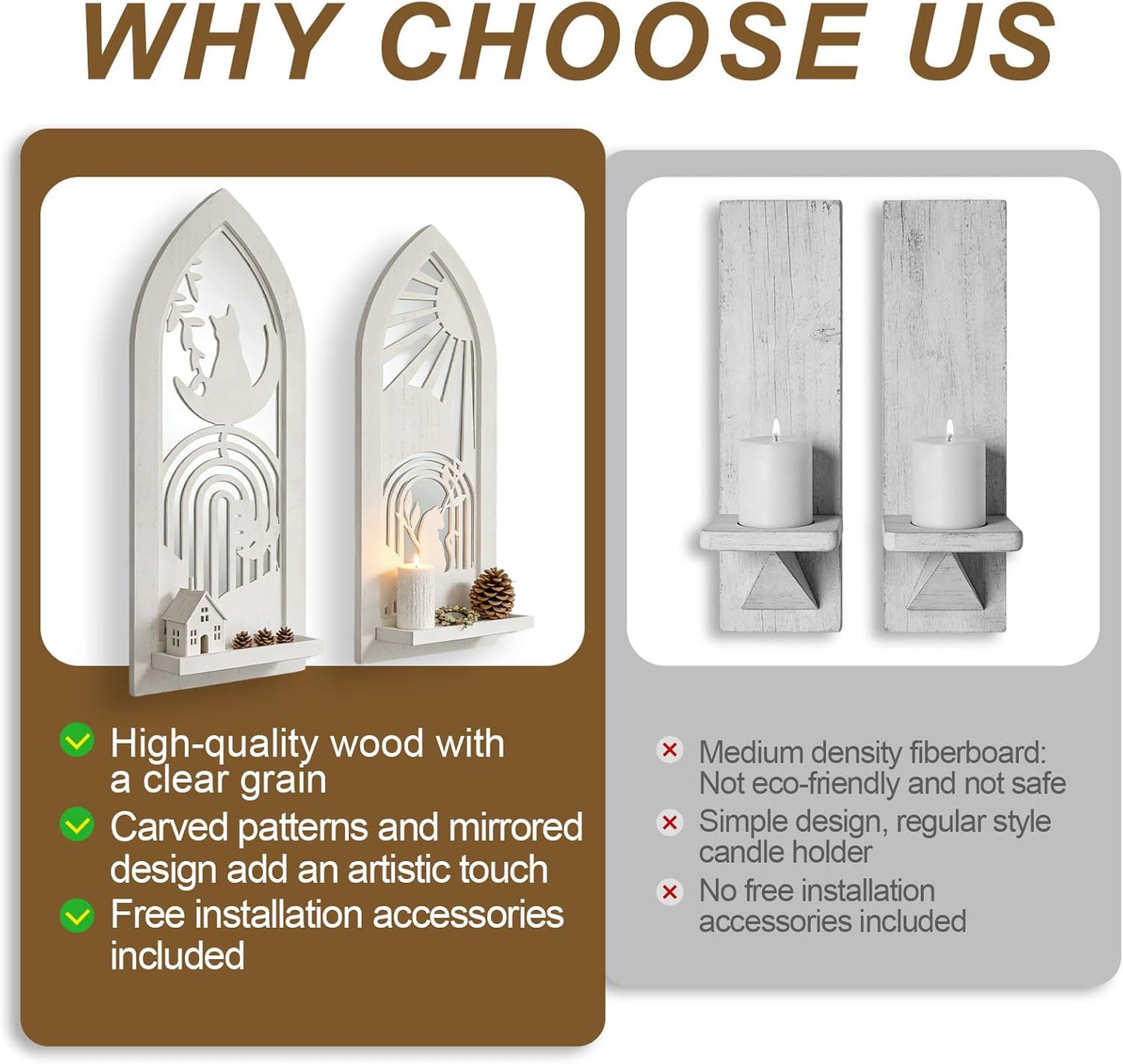 Wood Wall Sconce Candle Holder Set 2, Rustic Wall-Mount Candle Holders, Farmhouse Hanging Wall Décor, Carved Wood Frame, Mirrored Candle Holder (Distressed White)