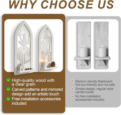 Wood Wall Sconce Candle Holder Set 2, Rustic Wall-Mount Candle Holders, Farmhouse Hanging Wall Décor, Carved Wood Frame, Mirrored Candle Holder (Distressed White)