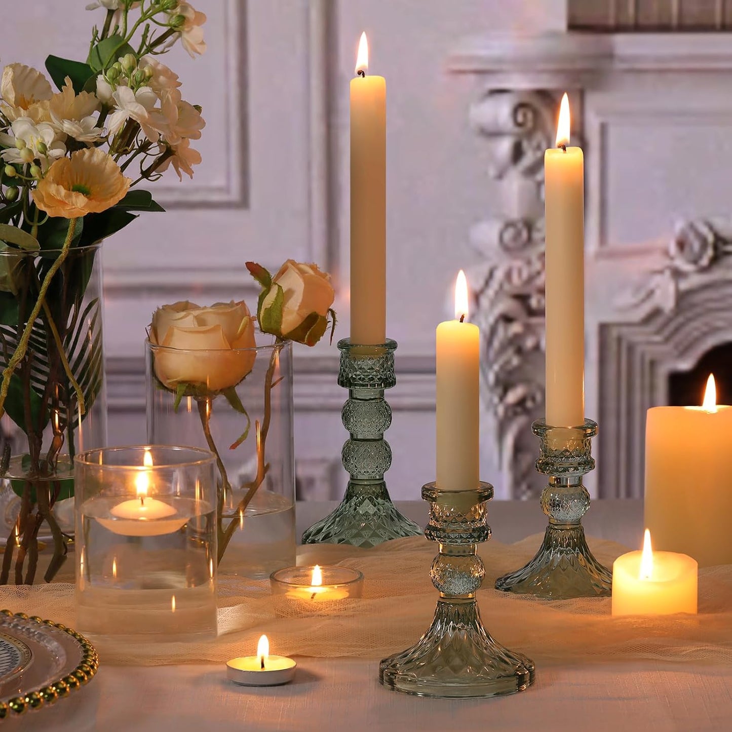 DARJEN 6Pcs Gold Candlestick Holders Set - 4" H & 5" H Striped Taper Candle Holders Bulk, Glass Candle Holders for Wedding, Festival, Party, Table Centerpiece, Gifts