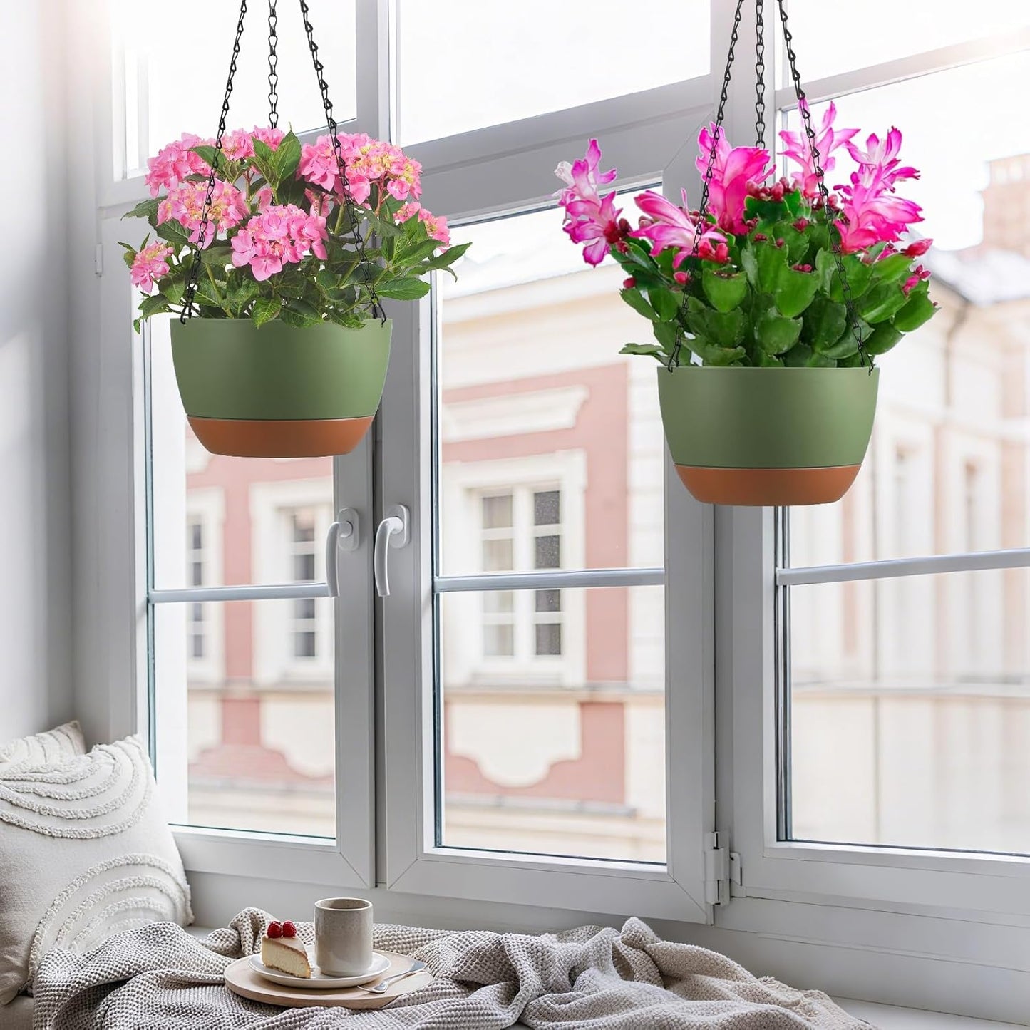 Set of 2 Hanging Planters for Indoor Outdoor Plants, 8 Inch Self-Watering Hanging Flower Pots with Drainage Hole & Removable Water-Storage Tray (Hooks)