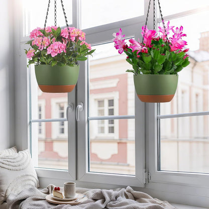 Set of 2 Hanging Planters for Indoor Outdoor Plants, 8 Inch Self-Watering Hanging Flower Pots with Drainage Hole & Removable Water-Storage Tray (Hooks)