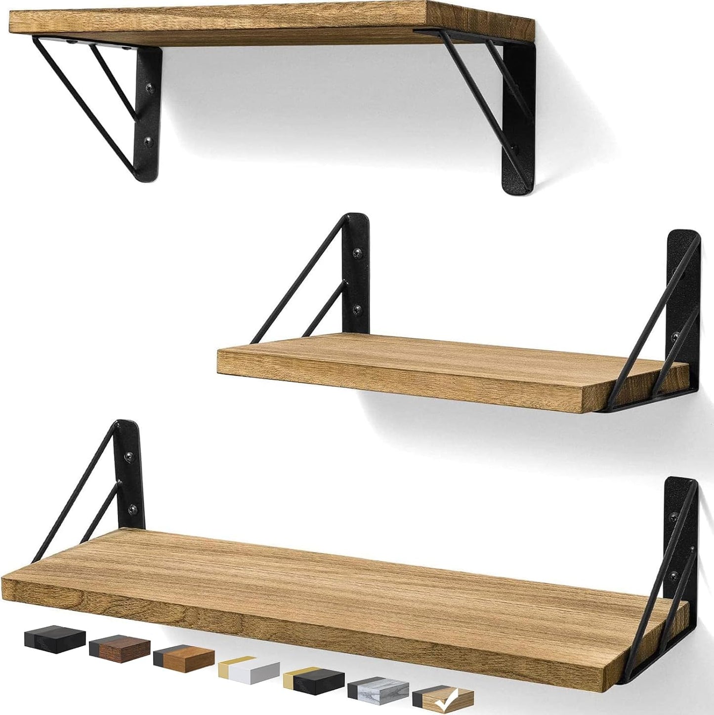 BAYKA Wall Mounted Floating Shelves, Wood Floating Wall Shelf for Books & Decor, Small Space-Saving Display & Organizer（Black，Set of 3）