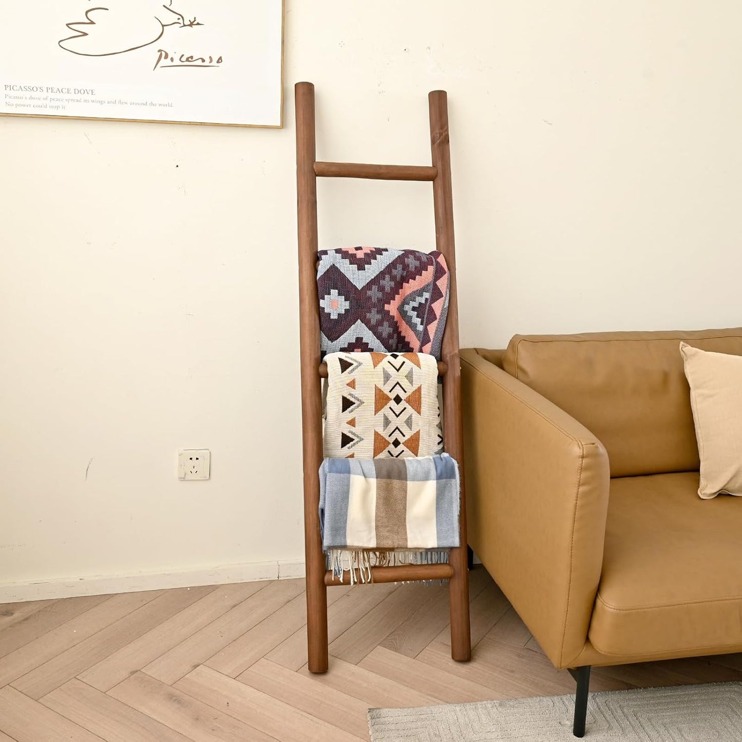 FUIN 57in Wood Blanket Ladder Living Room Decorative Wall Leaning Farmhouse Quilt Display Holder Rustic Wooden Towel Rack for Bathroom, Brown