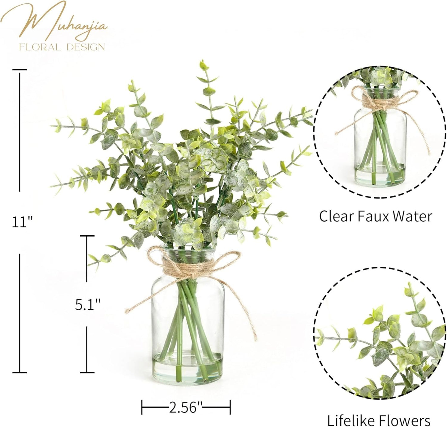 Muhanjia Artificial Eucalyptus Stems in Glass Vase with Faux Water,3Pcs Fake Plant with Double-Sided Green Leaves for Centerpiece(Double-Sided Green Eucalyptus)