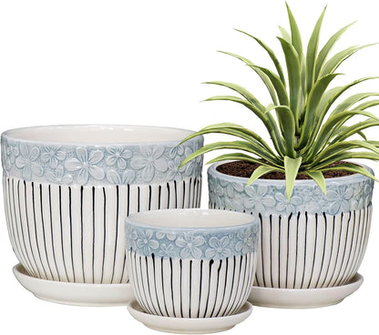 Ton Sin Grey Flower Pots, Texture Planter for Indoor Plants Set of 3 Ceramic Flower Pots with Saucer, Cute Garden Pots Succulent Pots, 6.75/5.6/4.2 Inch, Indoor Outdoor Home Garden Decor
