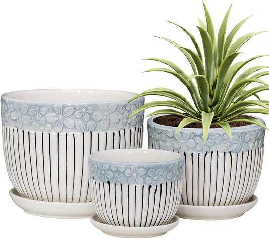 Ton Sin Grey Flower Pots, Texture Planter for Indoor Plants Set of 3 Ceramic Flower Pots with Saucer, Cute Garden Pots Succulent Pots, 6.75/5.6/4.2 Inch, Indoor Outdoor Home Garden Decor