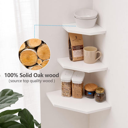 Corner Wall Shelves, Corner Floating Shelves Set of 2 Solid Oak Wood Display Shelf with Wire Hole Small Plant for Kitchen Living Room Natural
