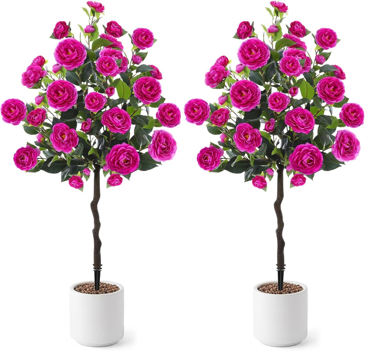 Lunmon 2 Pack 3ft Artificial Camellia Plants Tree 36" Faux Camellia Flower with Spike UV Resistant Realistic Fake Floral Blooming Bush for Indoor Outdoor Front Door Porch Backyard Garden, Purple