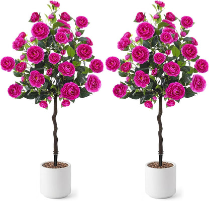 Lunmon 2 Pack 3ft Artificial Camellia Plants Tree 36" Faux Camellia Flower with Spike UV Resistant Realistic Fake Floral Blooming Bush for Indoor Outdoor Front Door Porch Backyard Garden, Purple