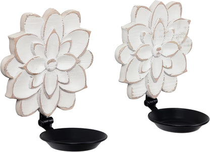 Farmhouse Candle Sconces Set of Two, Handcarved Wall Candle Holders Decorative, Flower Pattern, Distressed Finish Rustic Candle Holder Wall Decor for Living Room, Hallway