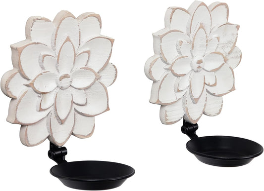 Farmhouse Candle Sconces Set of Two, Handcarved Wall Candle Holders Decorative, Flower Pattern, Distressed Finish Rustic Candle Holder Wall Decor for Living Room, Hallway