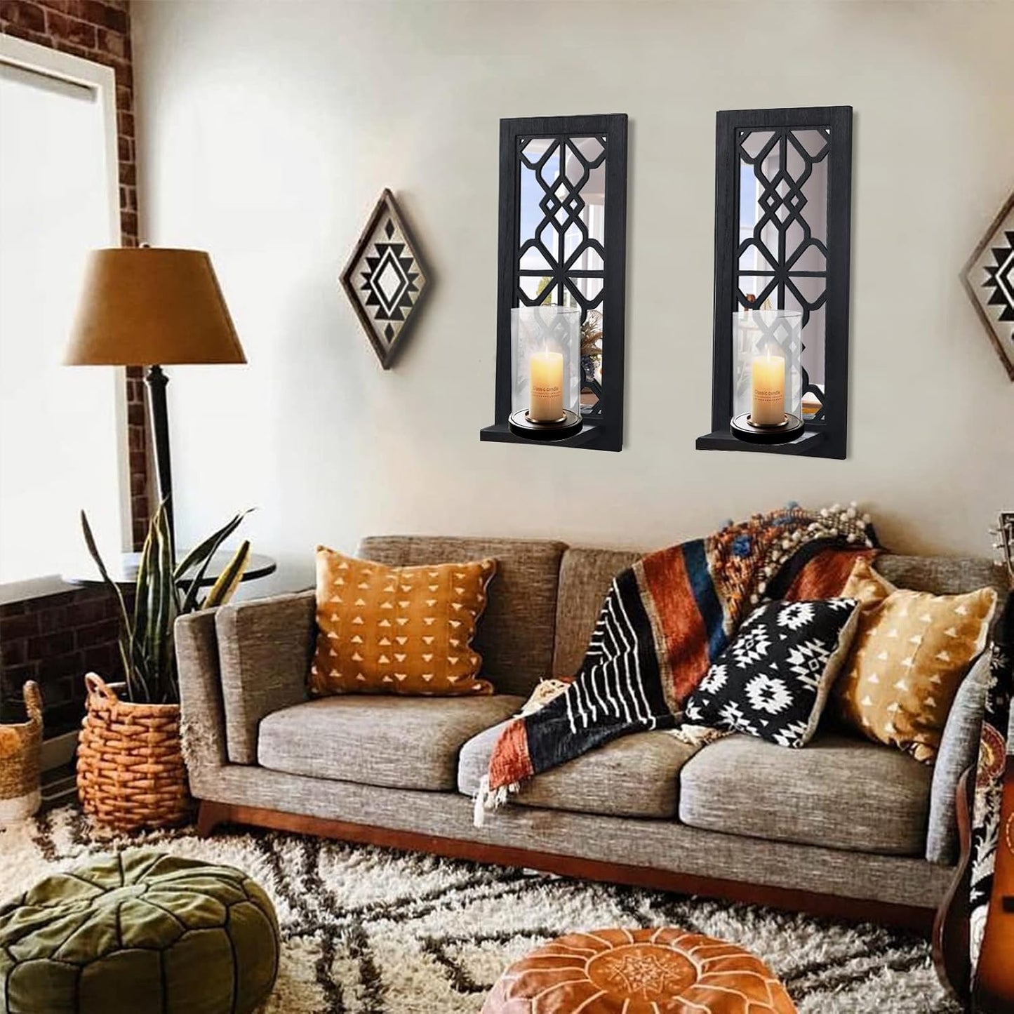 Wood Wall Sconce Candle Holder Set 2, Rustic Wall-Mount Candle Holders, Farmhouse Hanging Wall Décor, Carved Wood Frame, Mirrored Candle Holder (Distressed White)